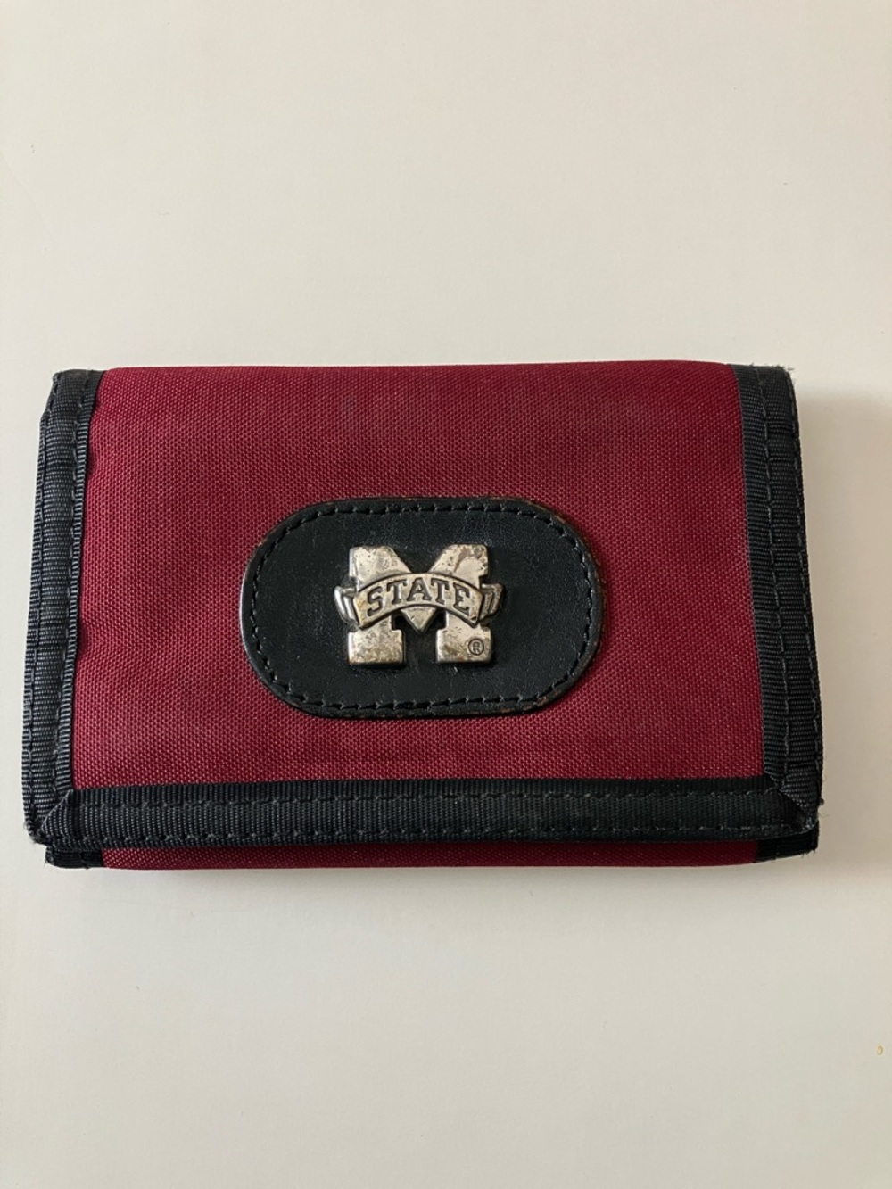 Maroon Mississippi State Trifold Wallet w/Black Trim & Metal 'M State' Emblem